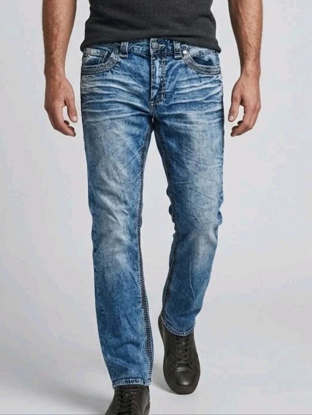 Affliction Ace Jeans Mens 33 Blue Denim Embroidered Whiskered Faded Distressed